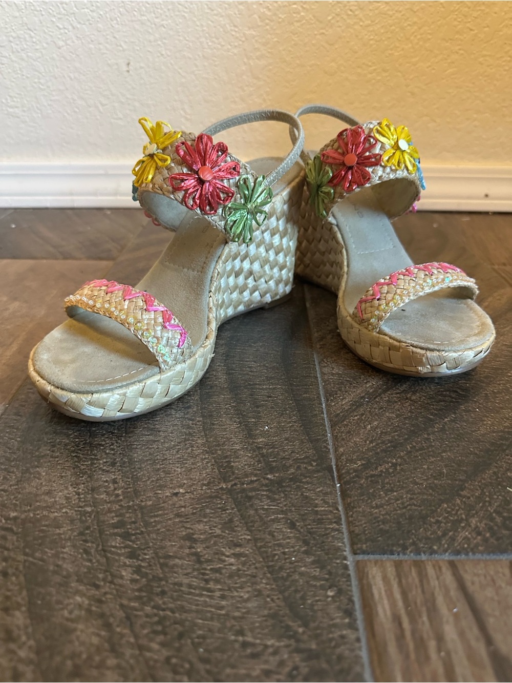 Woven Espadrille Wedge Sandals with Multicolor Floral Accents
